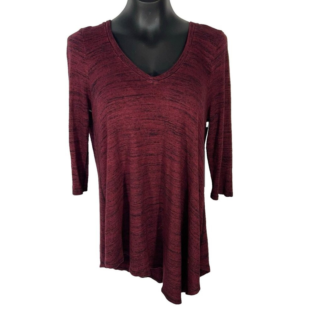 Three Dots - Sweater Women's M Petite Burgundy and Black Heather Asymmetric Hem